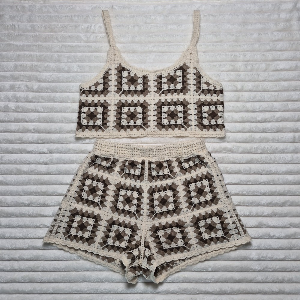 Rebellion Again Crochet Knit Cropped Matching Set Boho Hippie Size M
